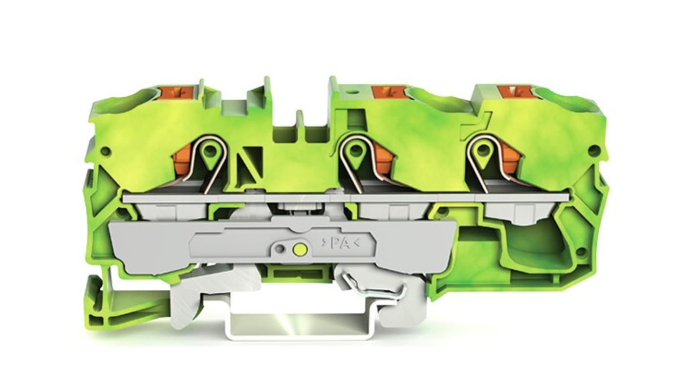 Wago TOPJOB S, 2210 Series Green/Yellow Earth Terminal Block, 10mm², Single-Level, Push-In Cage Clamp Termination,