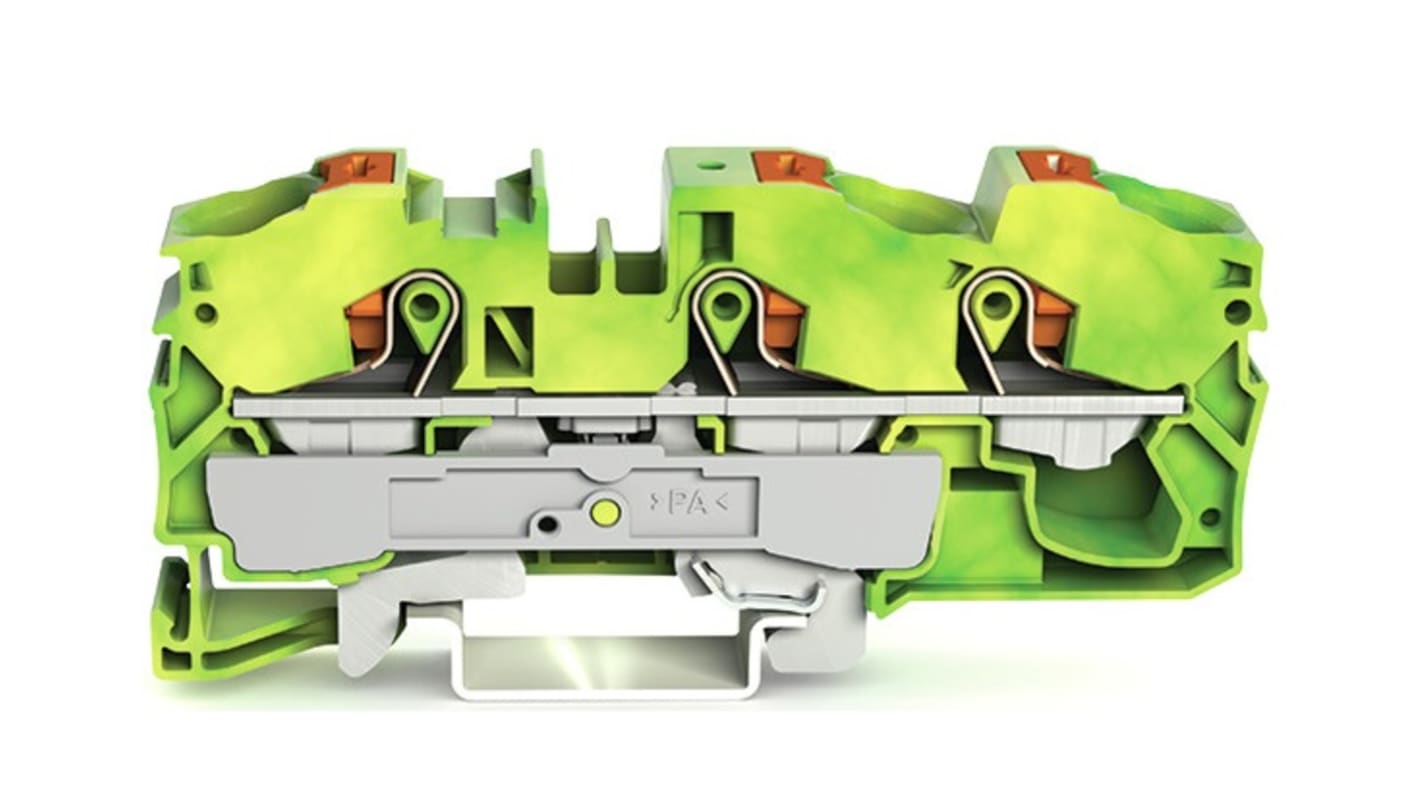 Wago TOPJOB S, 2216 Series Green/Yellow Earth Terminal Block, 16mm², Single-Level, Push-In Cage Clamp Termination,