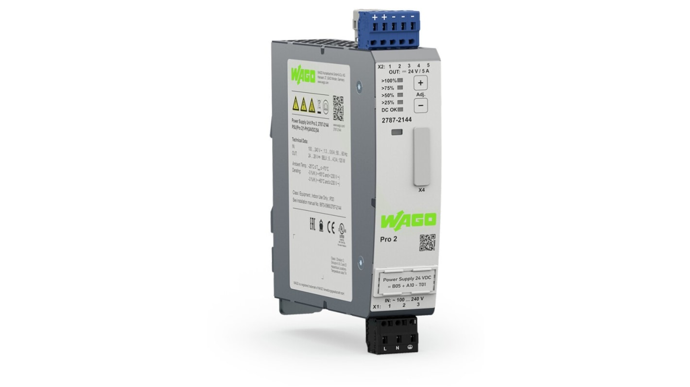 Wago 2787 DIN Rail Power Supply, 90 → 264 V ac / 130 → 240V dc ac, dc Input, 24V dc dc Output, 5A Output,