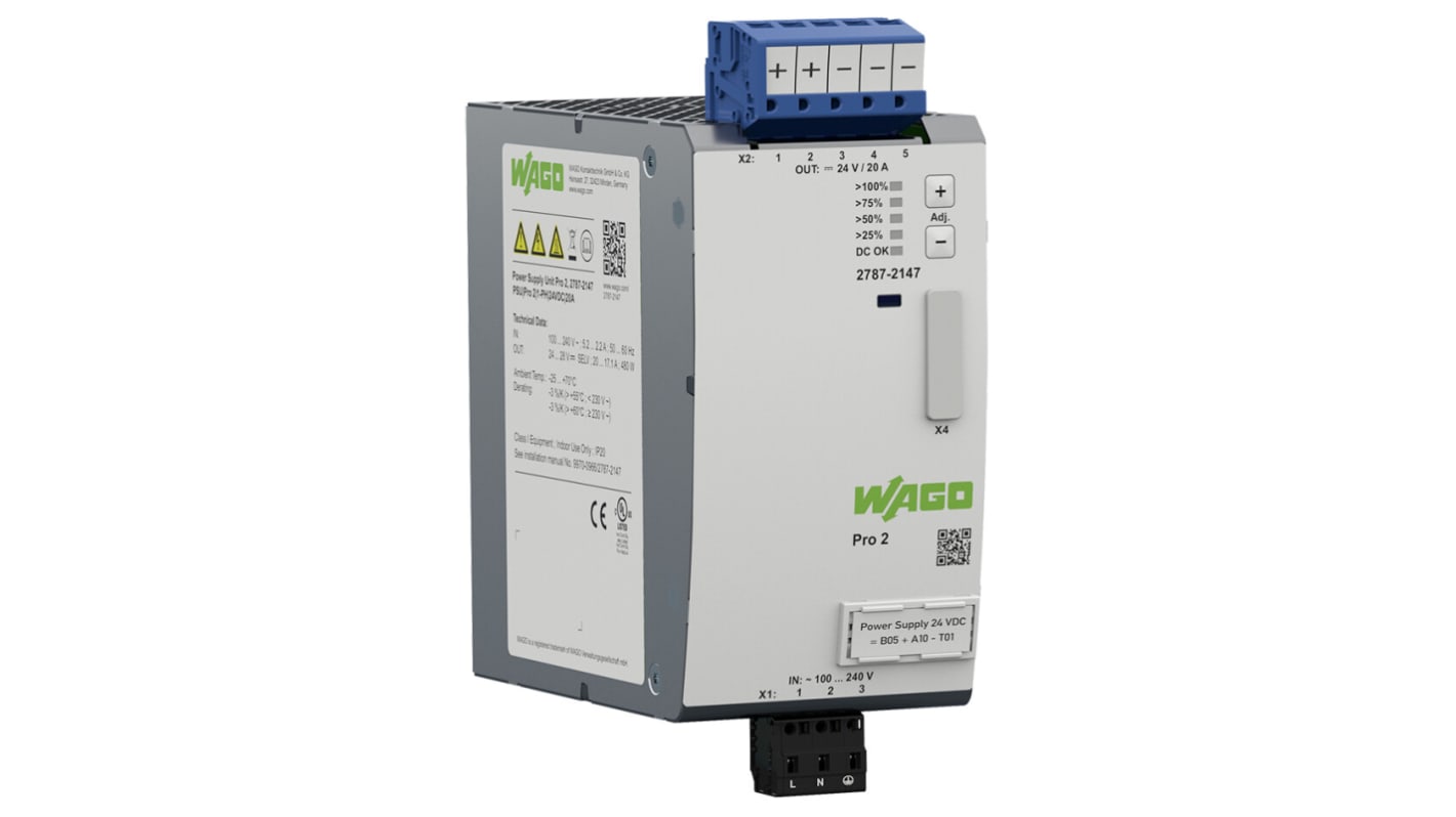 Wago 2787 DIN-Schienen Netzteil 480W, 90 → 264 V ac / 130 → 240V dc, 24V dc / 20A