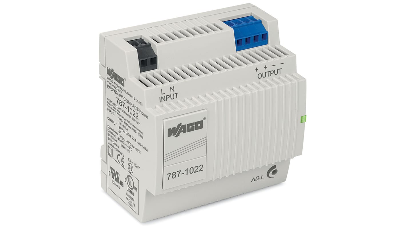 Wago 787 Switch Mode DIN Rail Power Supply, 85 → 264 V ac / 120 → 300V dc ac, dc Input, 24V dc dc Output,