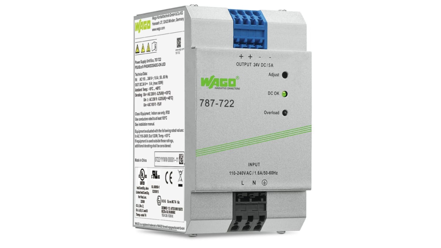 Wago 787 Switch-mode DIN-skinnemonteret strømforsyning, 120W 24V dc