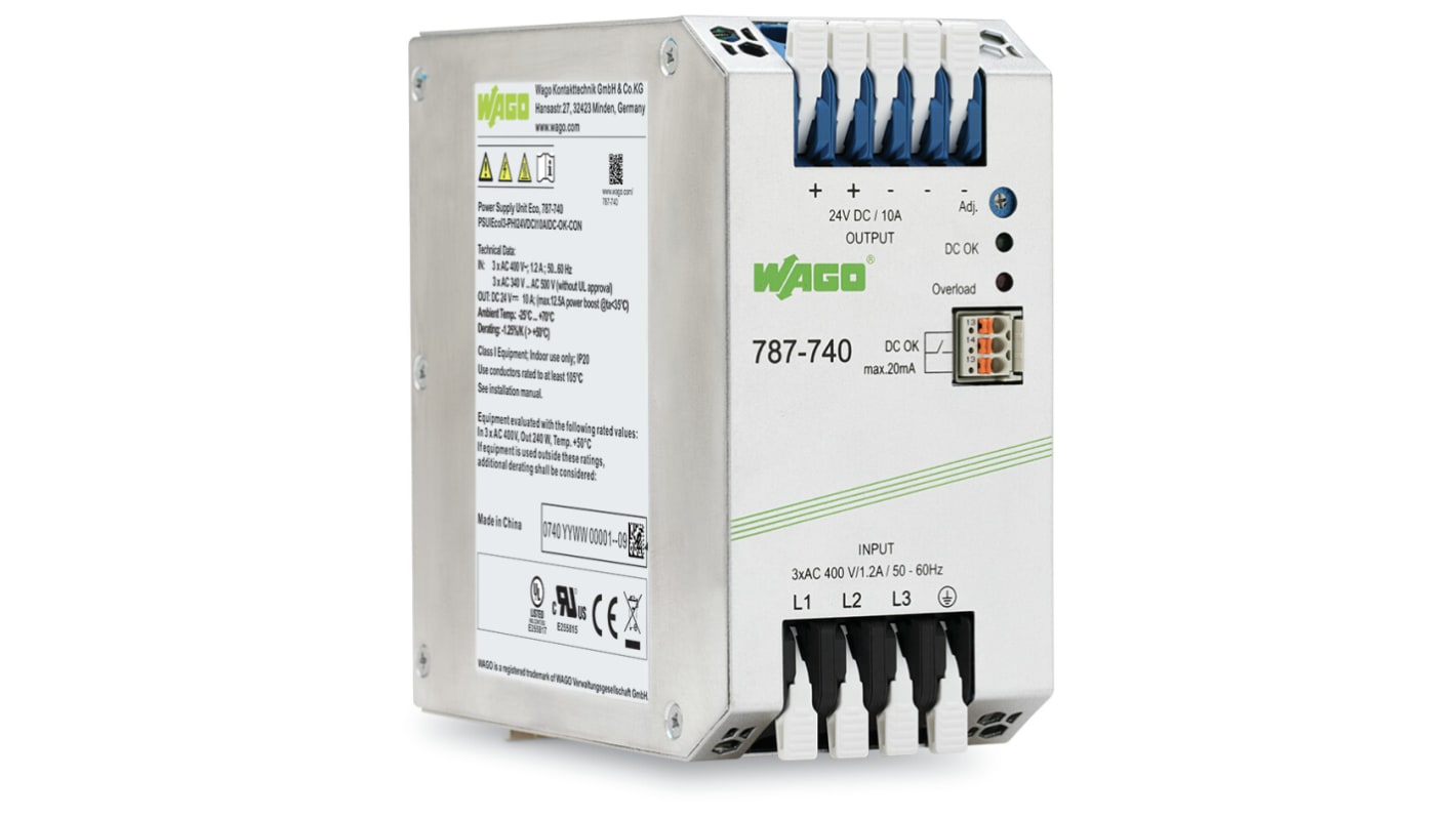 Wago 787 3-Phasen Getaktet DIN-Schienen Netzteil 240W, 360 → 575 V ac, 500 → 650 V dc, 24V dc / 10A