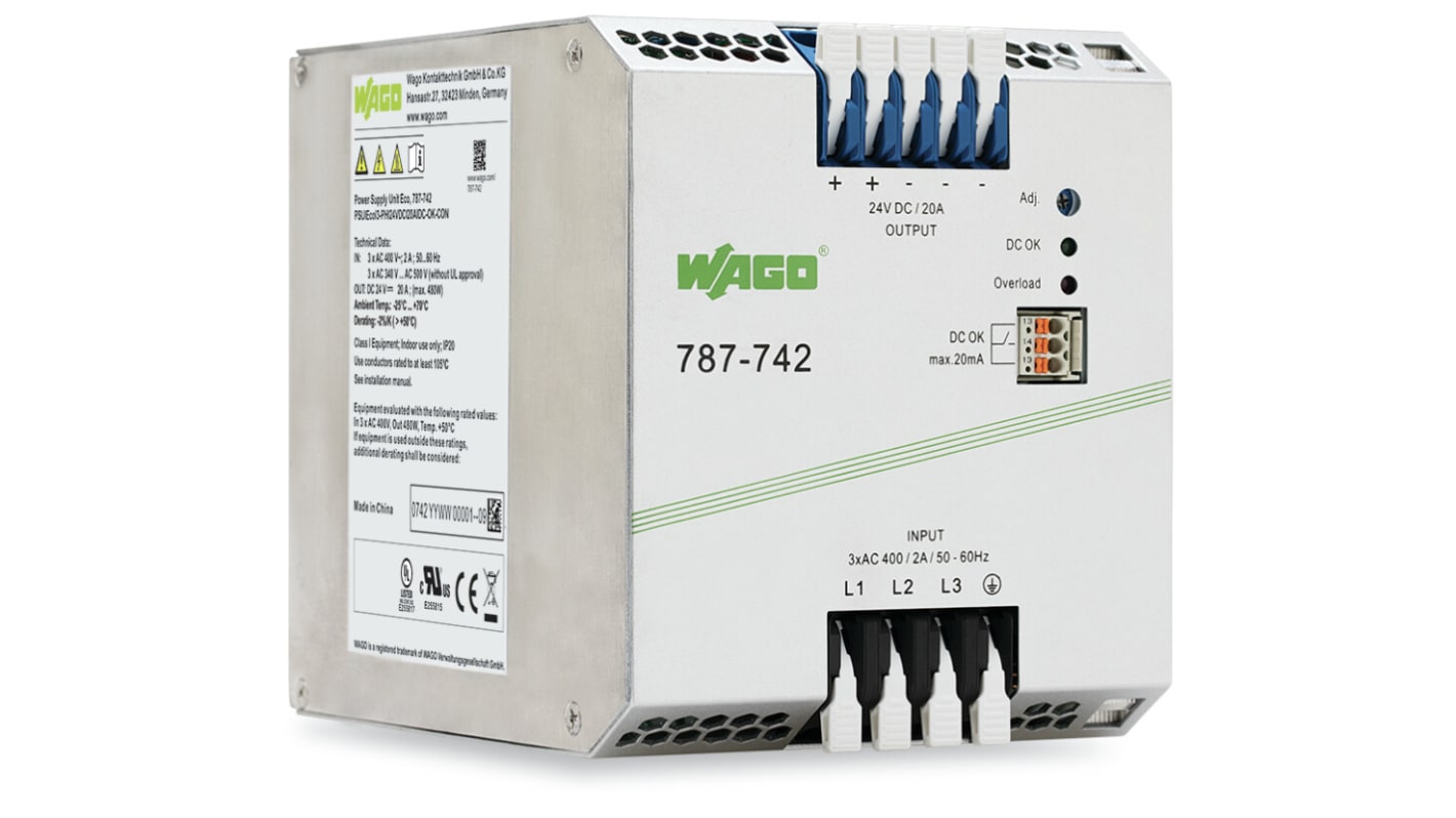 Alimentation pour rail DIN Wago, série 787, 24V c.c.out 20A, 480W