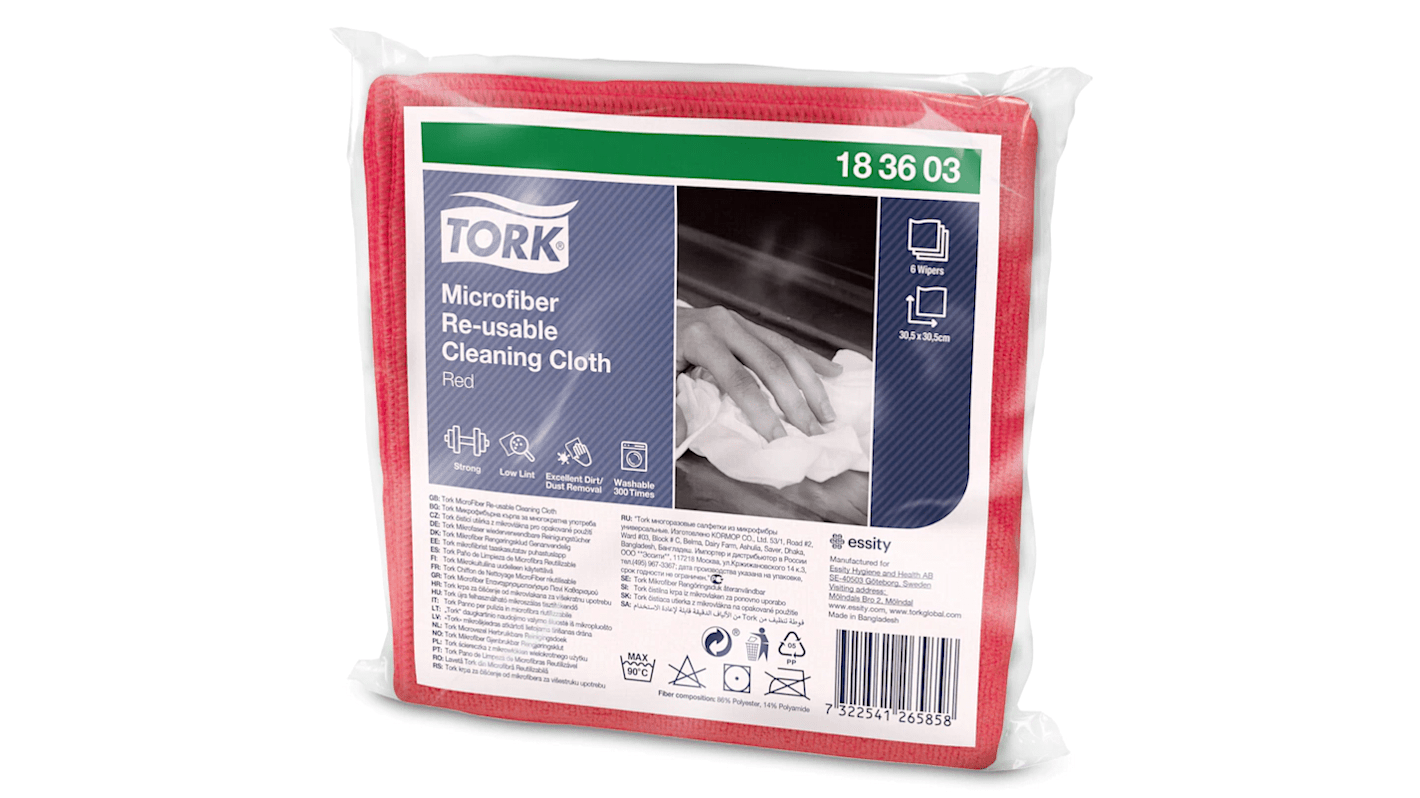 Tork Tork Red Microfibre Cloths for Cleaning, Plastic of 6