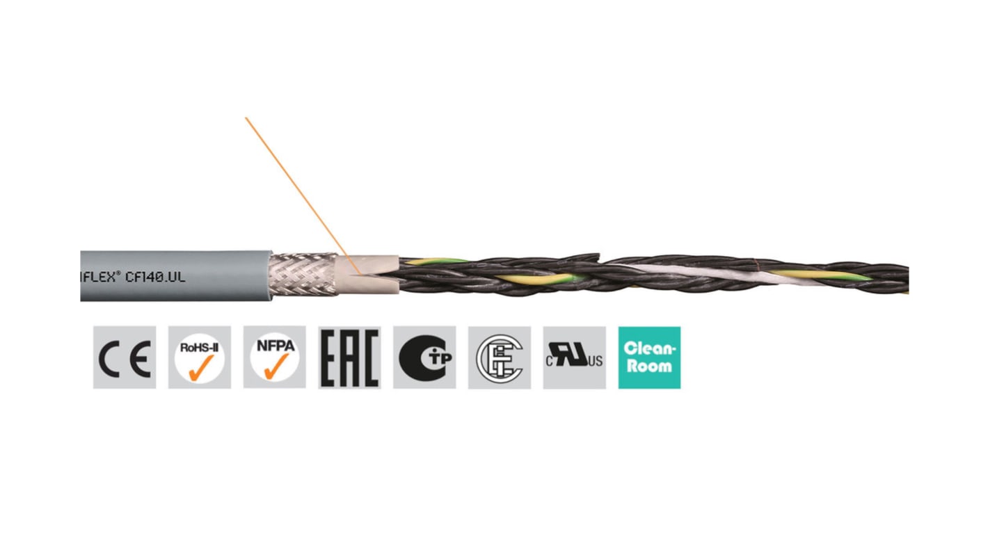 Cable de control apantallado Igus chainflex CF140.UL de 12 núcleos, 0,75 mm², long. 100m