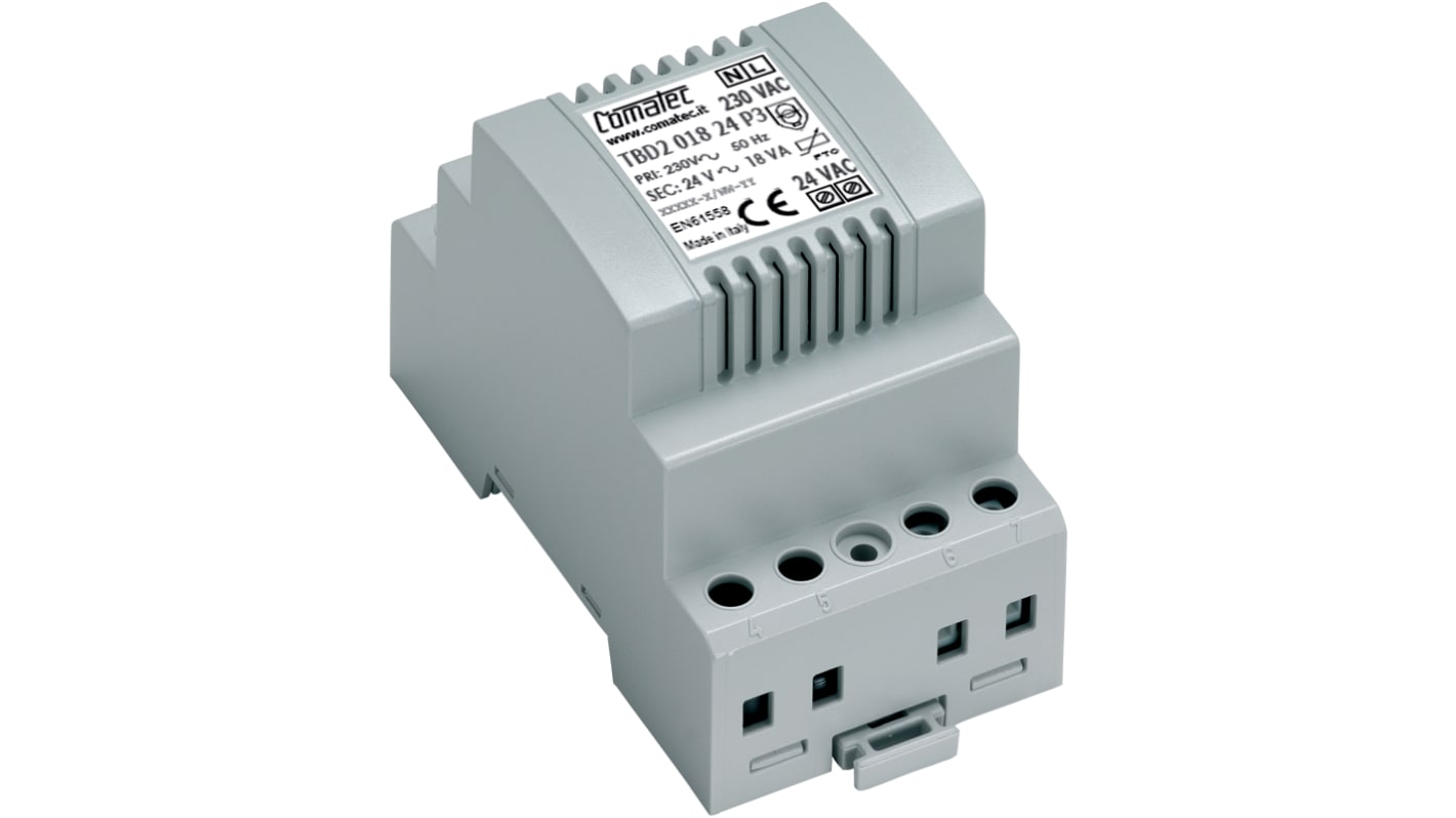 DIN-skinnetransformer, 18VA, Primær: 230V ac, Sekundær: 24V ac