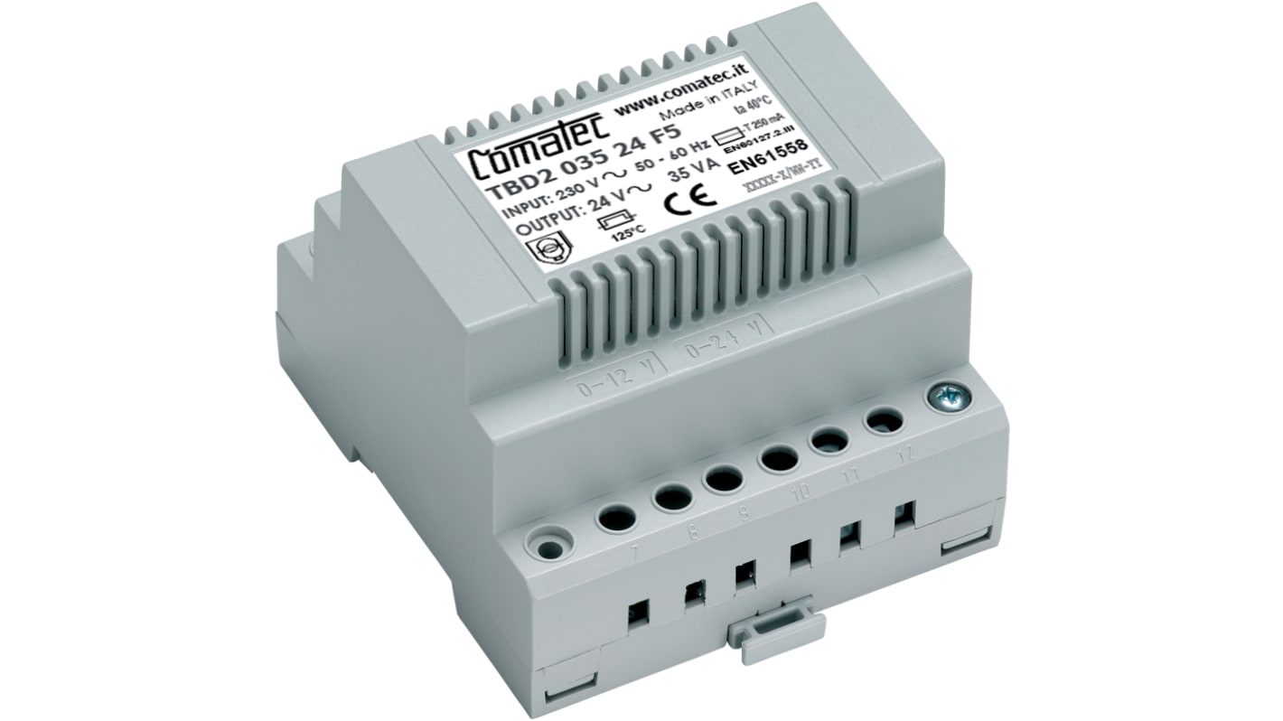 Trasformatore guida DIN Comatec, secondario 24V ca, 35VA, 1 uscita