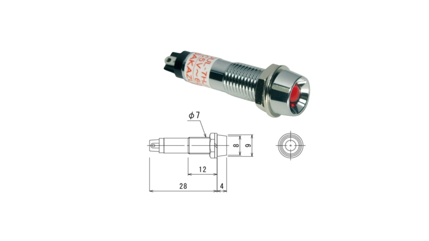 Sakazume Electric 表示灯, 60V, 緑, 実装ホールサイズ:7mm, DUL-7HJT-G/G