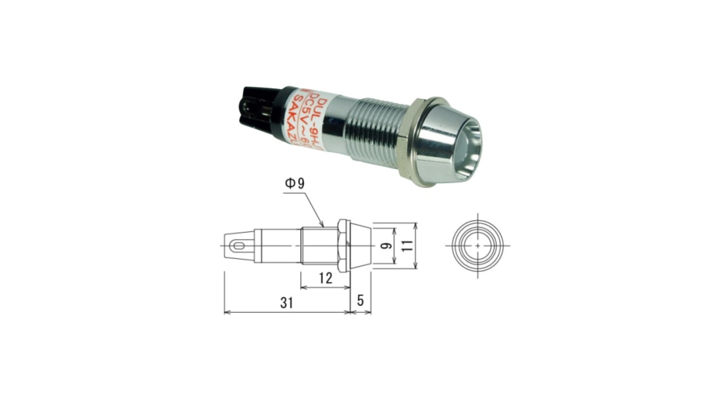 Sakazume Electric 表示灯, 60V, オレンジ, 実装ホールサイズ:9mm, DUL-9HJT-O/O