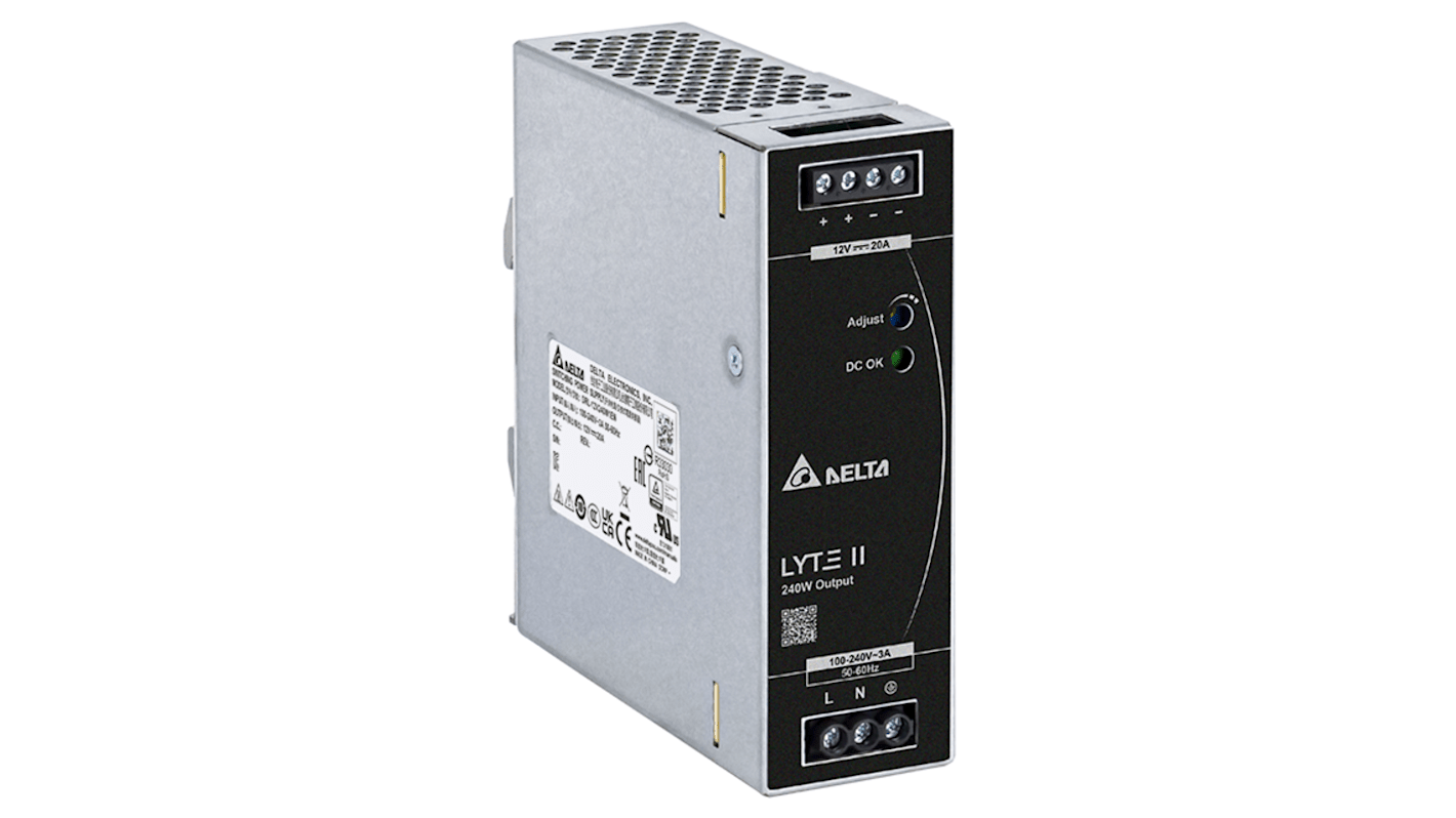 Delta Electronics DRL DIN Rail Power Supply, 90 → 264V ac ac Input, 12V dc dc Output, 10A Output, 120W