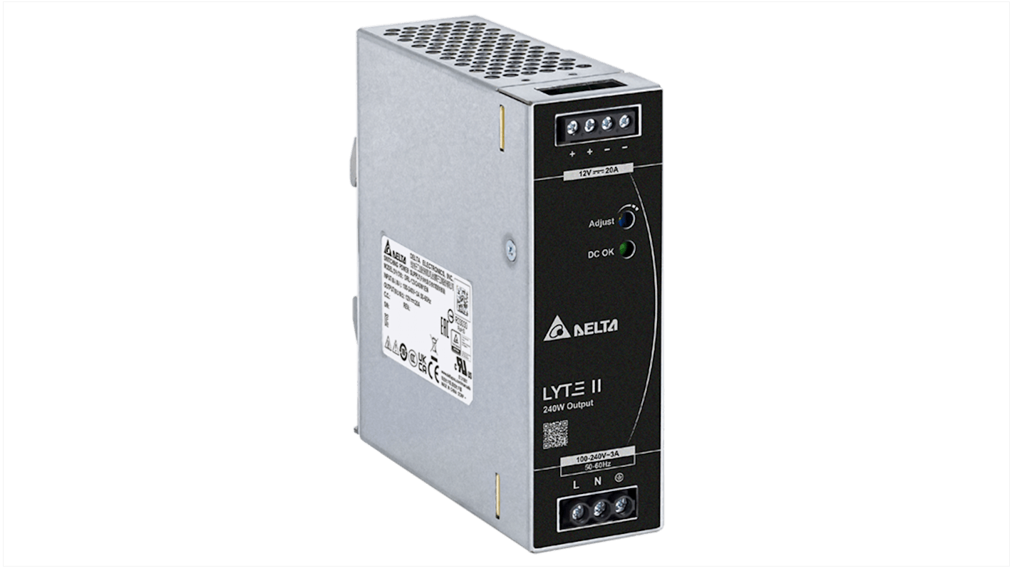 Delta Electronics DRL DIN Rail Power Supply, 90 → 264V ac ac Input, 12V dc dc Output, 20A Output, 240W