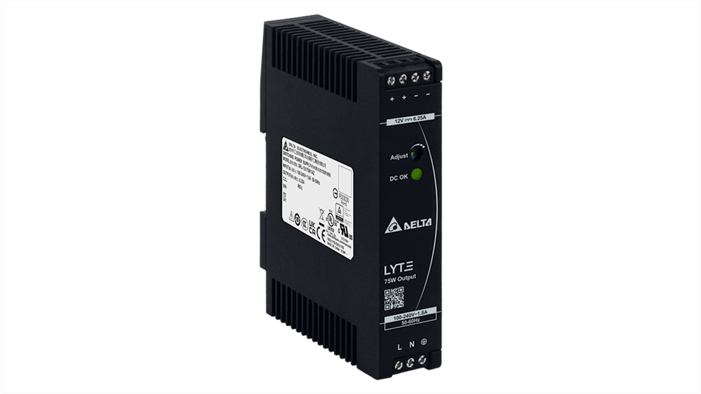 Delta Electronics DRL Switched Mode DIN Rail Power Supply, 85 → 264V ac ac Input, 12V dc dc Output, 6.25A