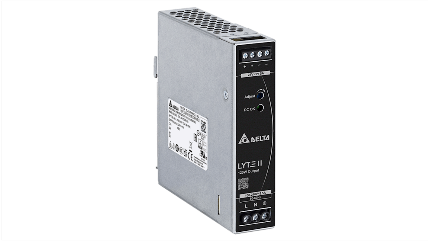 Delta Electronics DRL Switched Mode DIN Rail Power Supply, 90 → 264V ac ac Input, 24V dc dc Output, 5A Output,