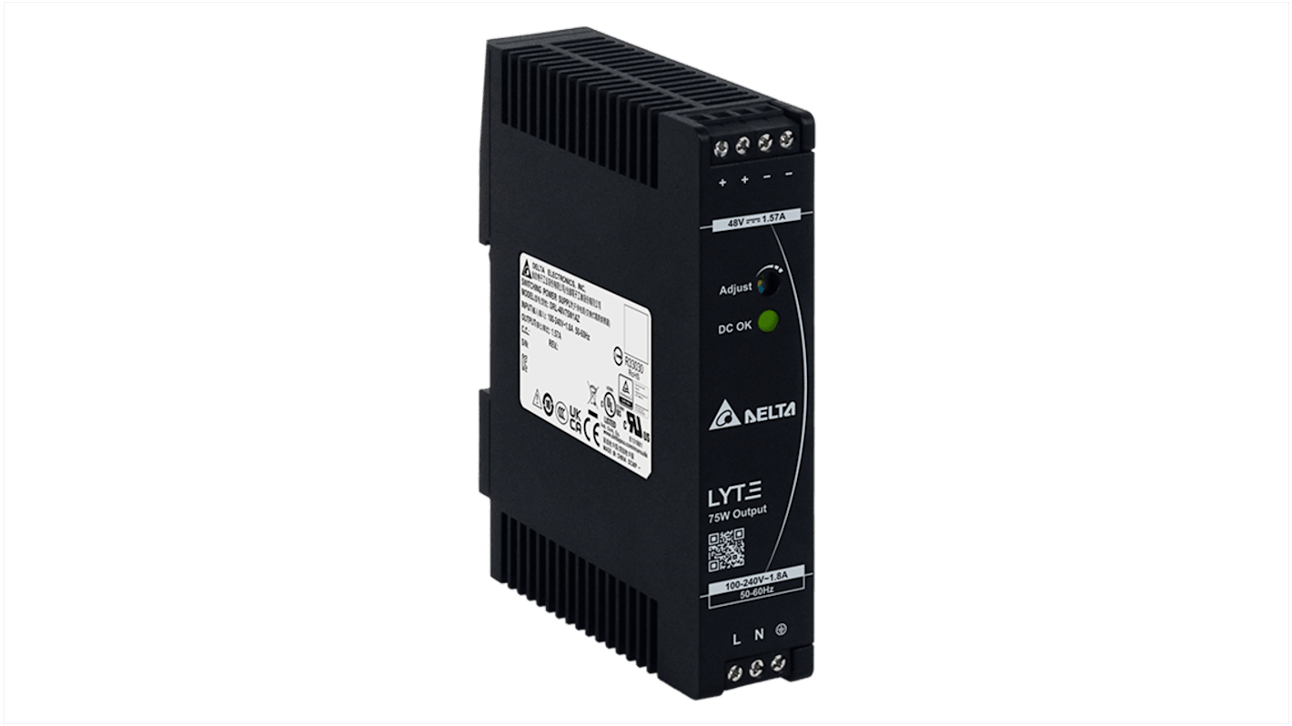 DRL48V75W1AZ Delta Electronics DRL DIN Rail Power Supply, 85 → 264V