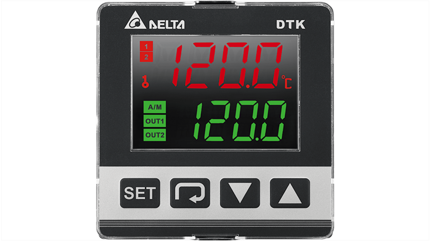 Delta Electronics PID temperaturregulator, TÆNDT/SLUKKET, PID-kontroller med 2 Relæ Udgange, Størrelse: 72 x 72mm, 100