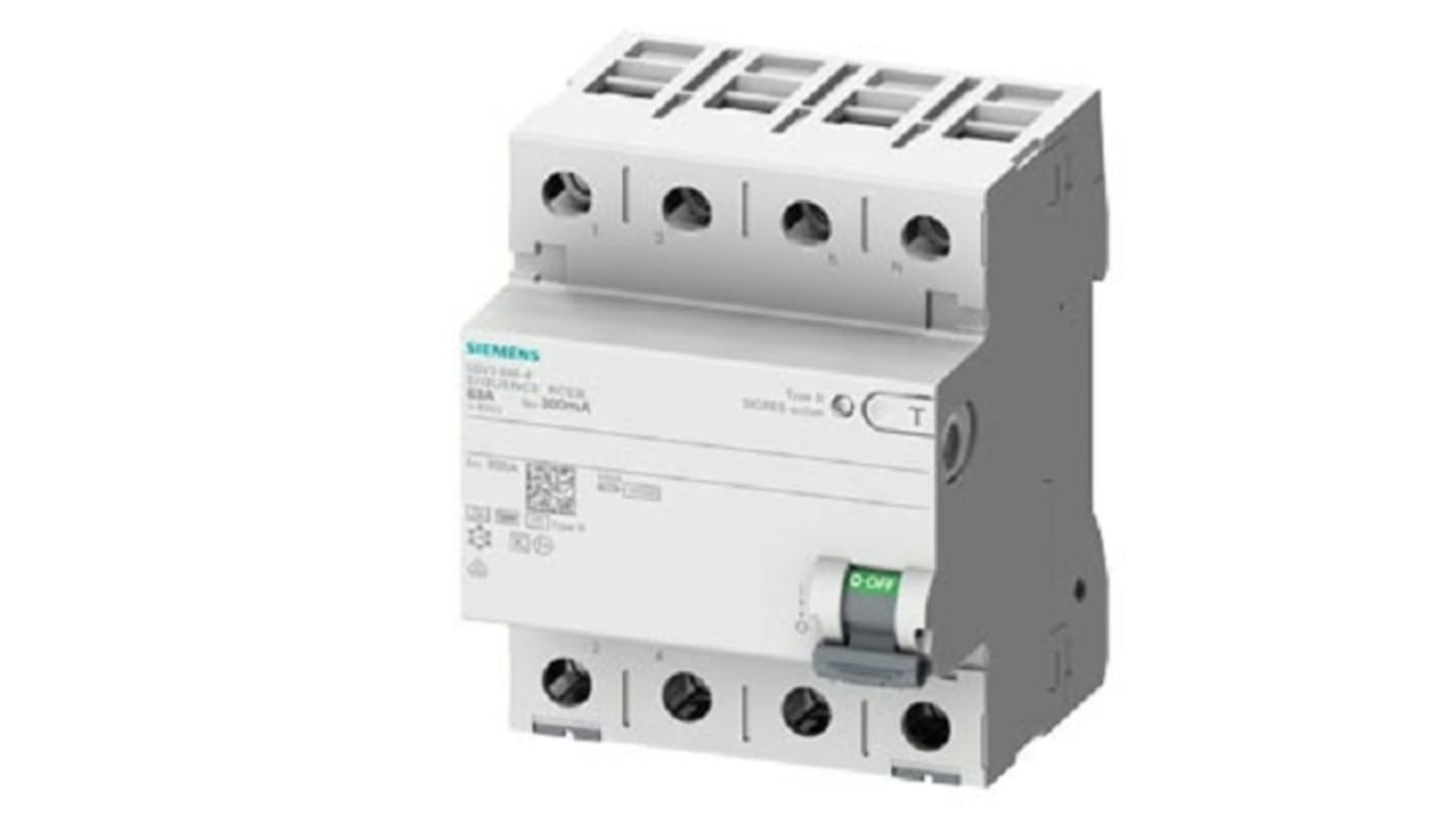 RCCB Siemens, 63A Tipo B, 4 Polos, 500mA SENTRON 400V ac