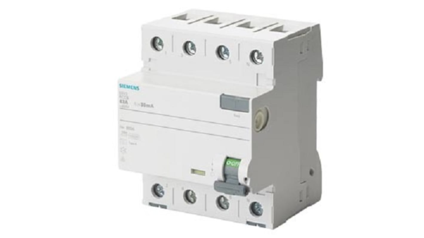 Siemens RCCB 4 pólusú A típusú, 63A, 500mA, SENTRON 5SV3xxx sorozat SENTRON 400V ac