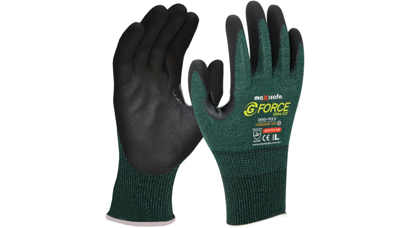 Maxisafe Black, Green Nitrile Abrasion Resistant, Cut Resistant Work Gloves, Size 7, Small, Nitrile Micro-Foam Coating