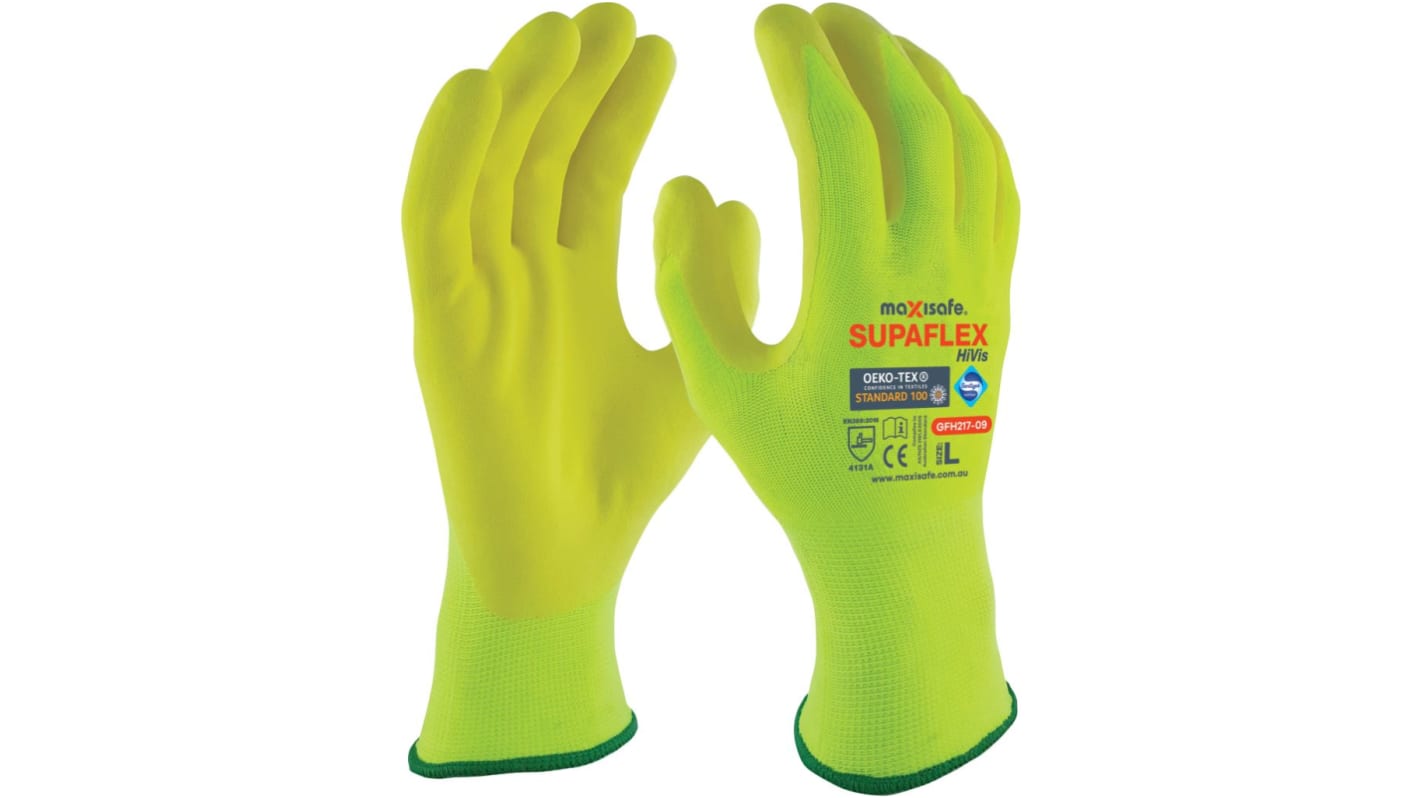 Maxisafe Green Lycra, Nylon Abrasion Resistant Work Gloves, Size 8, Nitrile, Polyurethane Coating