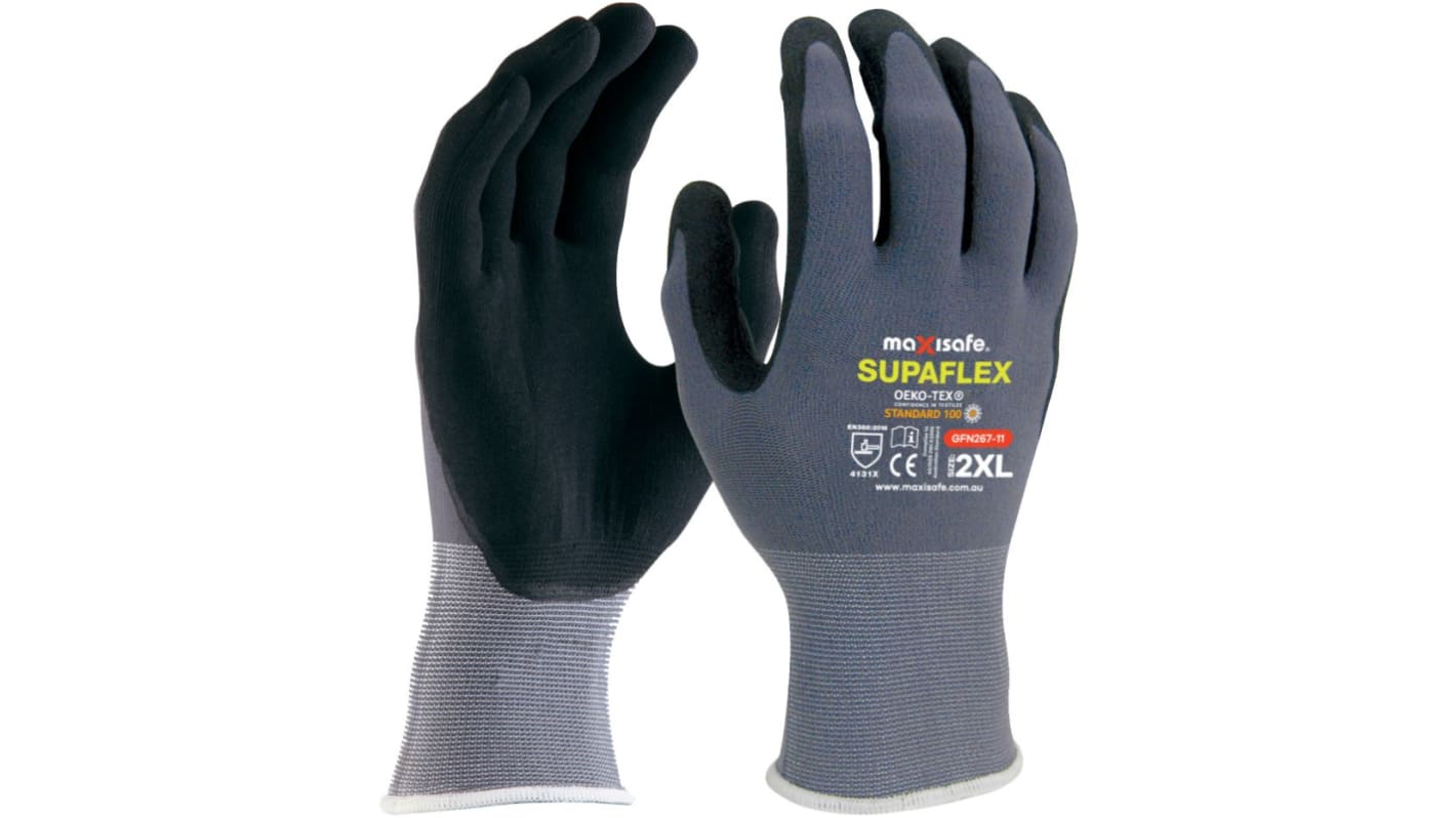Maxisafe Black, Grey Lycra, Nylon Abrasion Resistant Work Gloves, Size 9, Nitrile, Polyurethane Coating