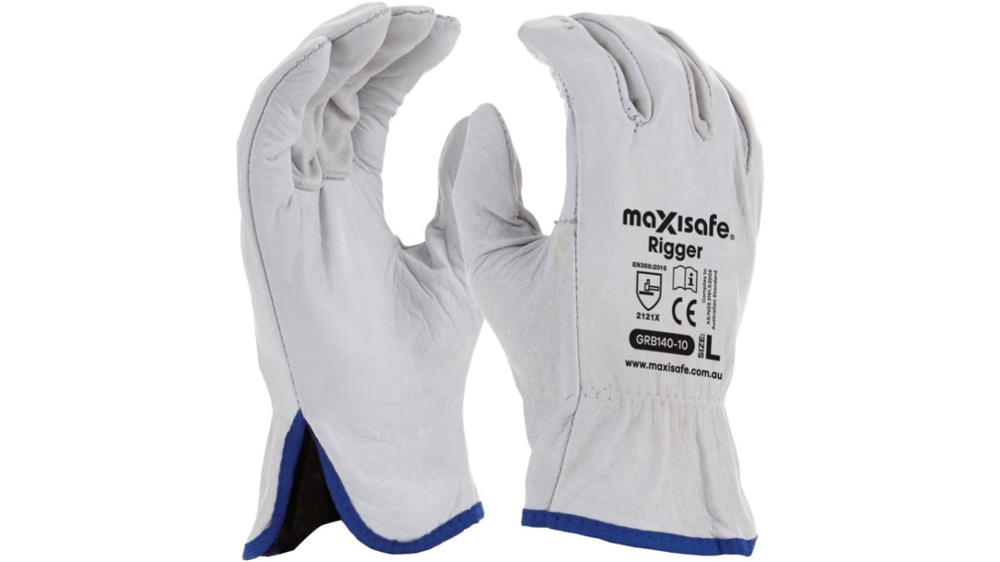 Maxisafe White Leather Work Gloves, Size 8, Small, Leather Coating