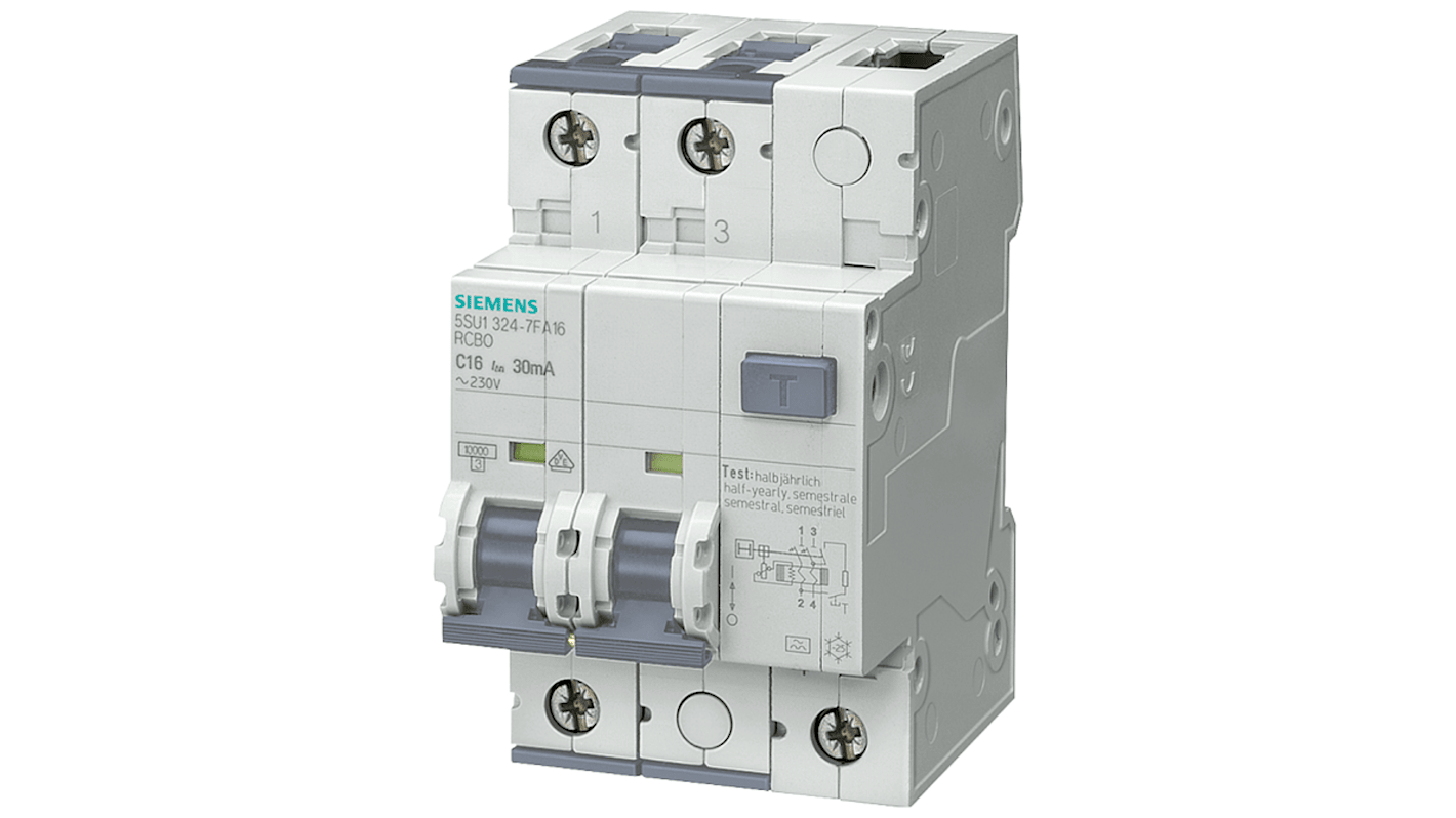 Siemens Sentron 5SU1 FI/LS-Schalter 13A, 2-polig Typ B, Empfindlichkeit 30mA