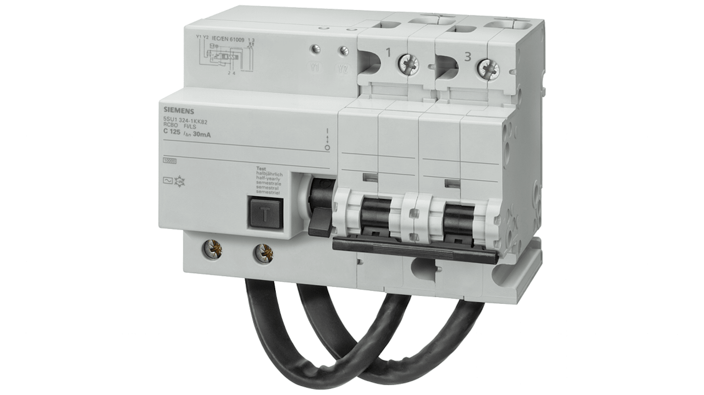 Siemens RCBO, 125A Current Rating, 2P Poles, 30mA Trip Sensitivity, Type C, Sentron Range