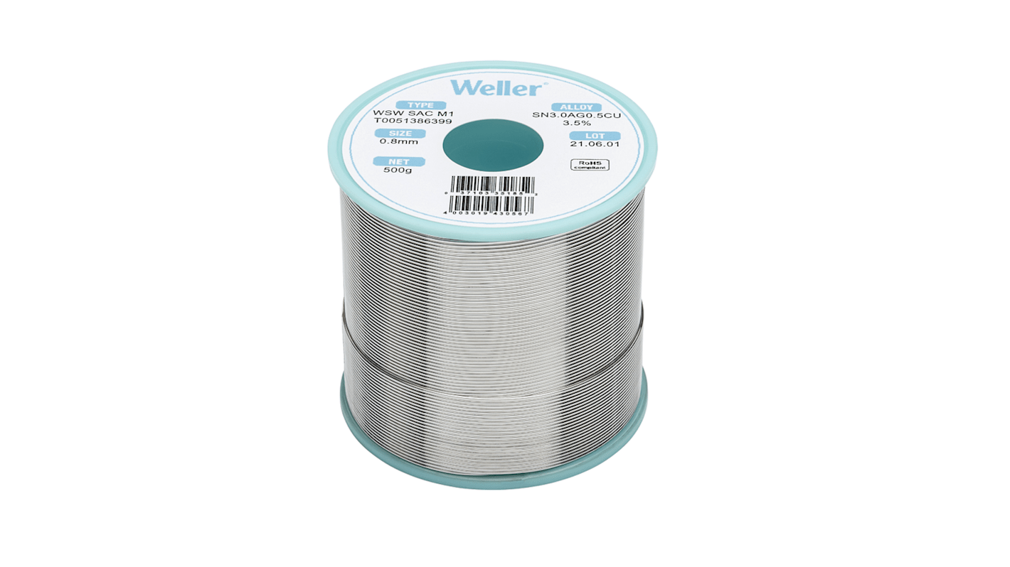 Hilo de soldar Weller de 0.8mm, fusión a: 217-221°C, composición: Sn 96.5%, Pb 0%, Cu 0.5%, Ag 3%, peso 500g