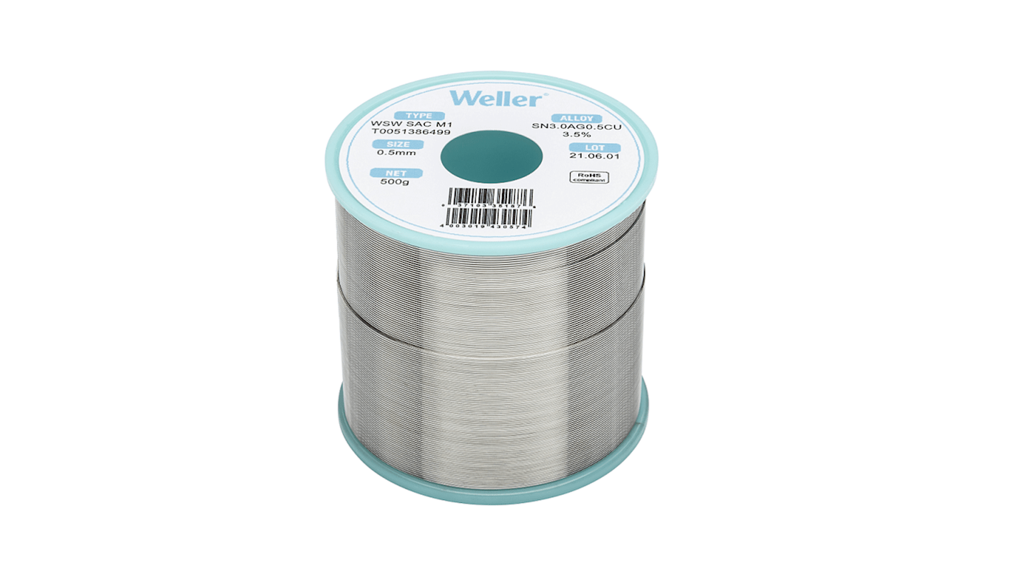 Hilo de soldar Weller de 0.5mm, fusión a: 217-221°C, composición: Sn 96.5%, Pb 0%, Cu 0.5%, Ag 3%, peso 500g