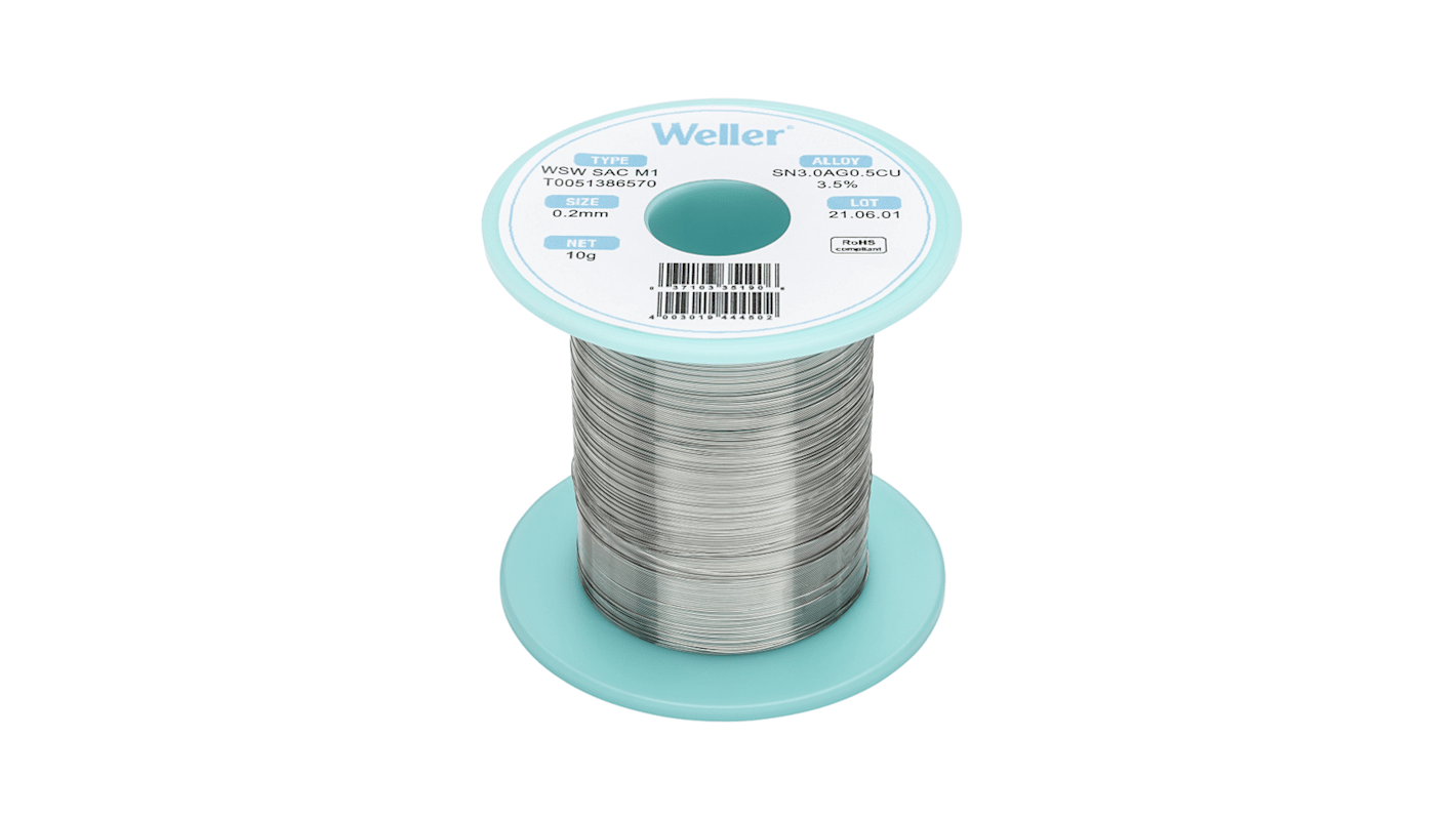 Hilo de soldar Weller de 0.2mm, fusión a: 217-221°C, composición: Sn 96.5%, Pb 0%, Cu 0.5%, Ag 3%, peso 10g