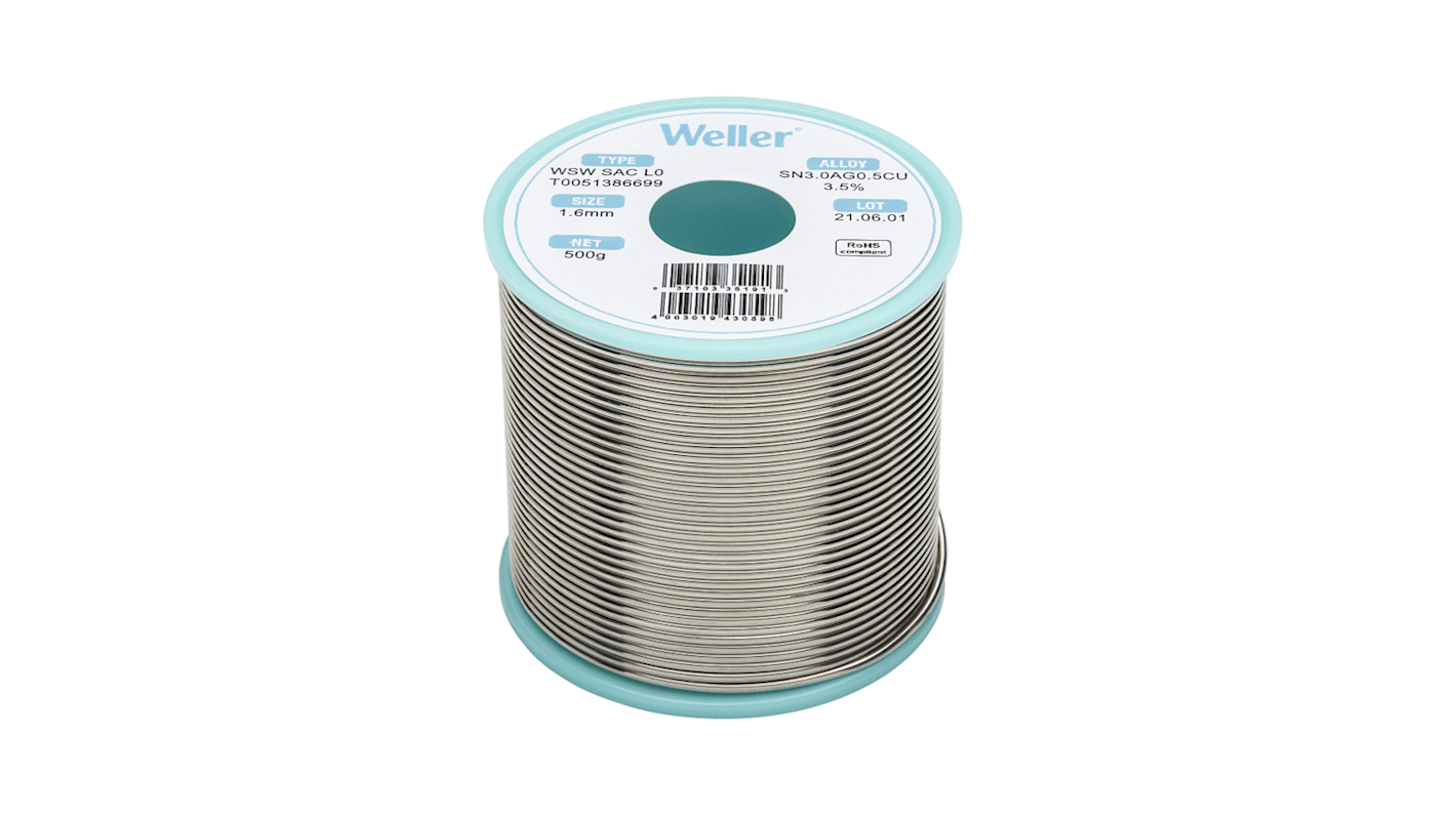 Hilo de soldar Weller de 1.6mm, fusión a: 217-221°C, Pb 0%, Ag 3%