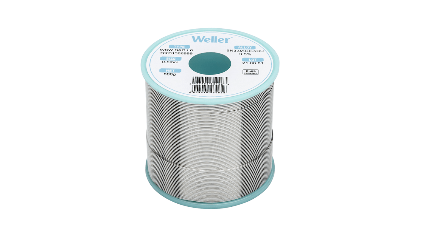 Hilo de soldar Weller de 0.8mm, fusión a: 217-221°C, composición: Sn 96.5%, Pb 0%, Cu 0.5%, Ag 3%, peso 500g