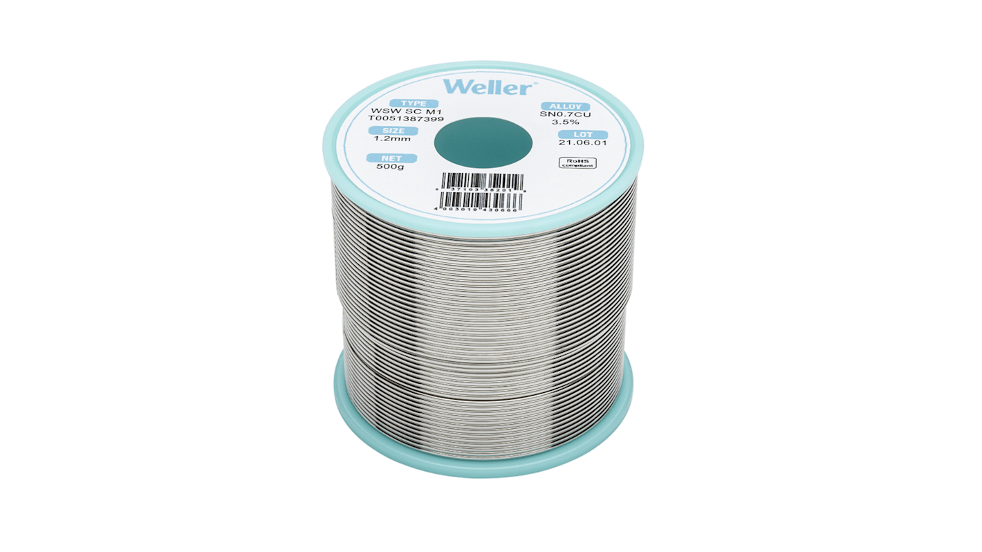 Hilo de soldar Weller de 1.2mm, fusión a: 228°C, composición: Sn 99.3%, Pb 0%, Cu 0.7%, peso 500g