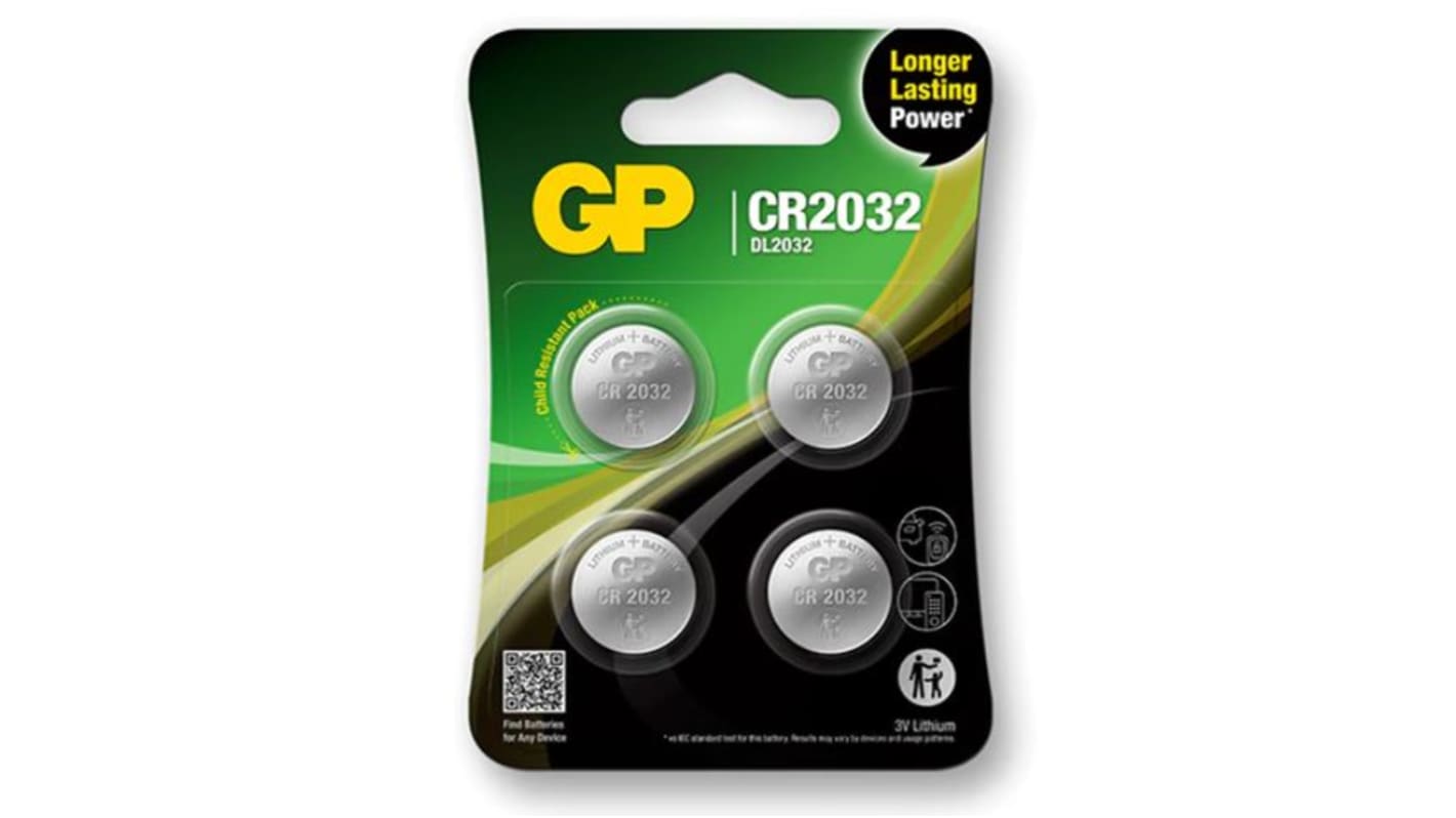 Gp Batteries CR2032 Coin Battery, 3V, 20mm Diameter