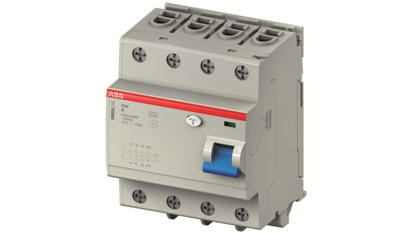 ABB F404 RCCB, 40A, 4 Pole, 30mA, Type A, 400V ac