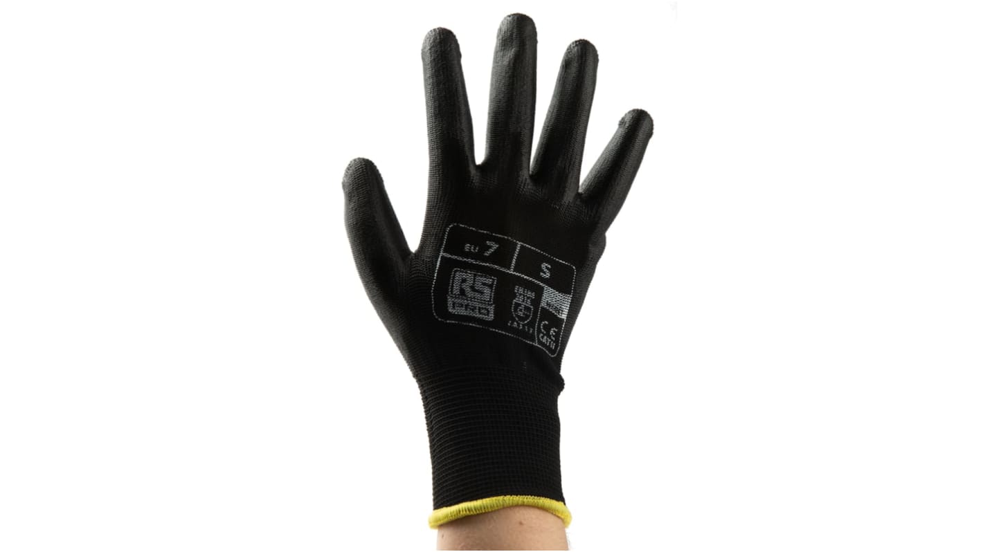 RS PRO Black Pylon Abrasion Resistant, Tear Resistant Work Gloves, Size 8, Medium, Polyurethane Coating