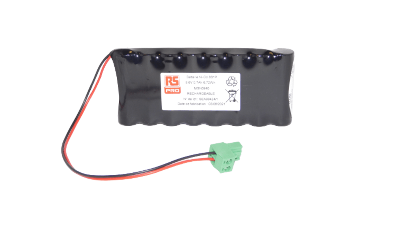 Pila recargable AA NiCd, 9.6V, 700mAh, RS PRO, terminal Conexión