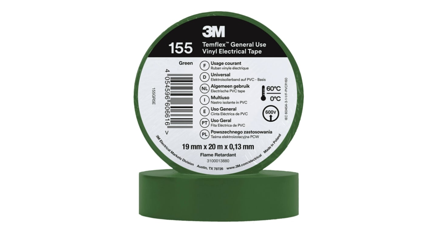 3M Temflex 155 Isolierband, Vinyl Grün, 0.13mm x 19mm x 20m bis +60°C