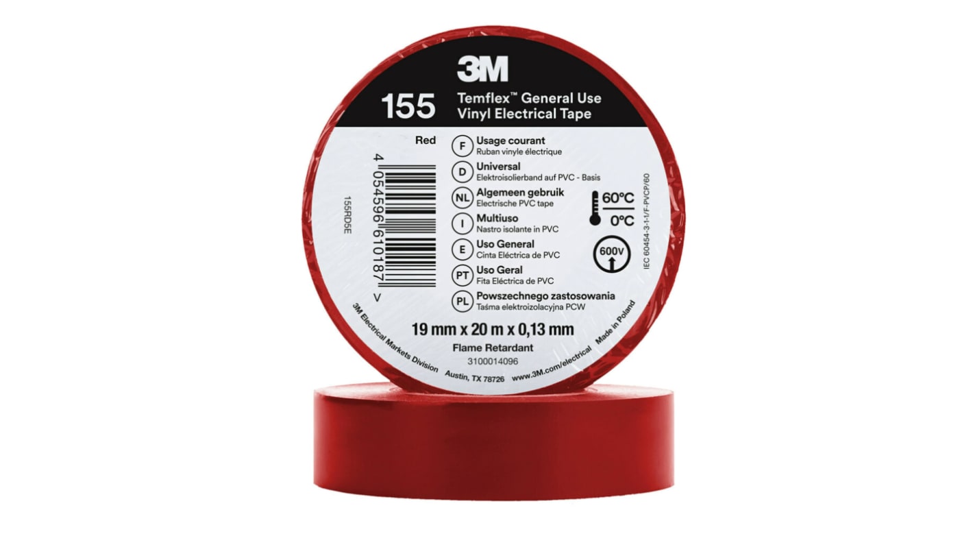 3M Temflex 155 ruban électrique isolant vinyle, rouge, 19 mm x 20 m, 0,13 mm