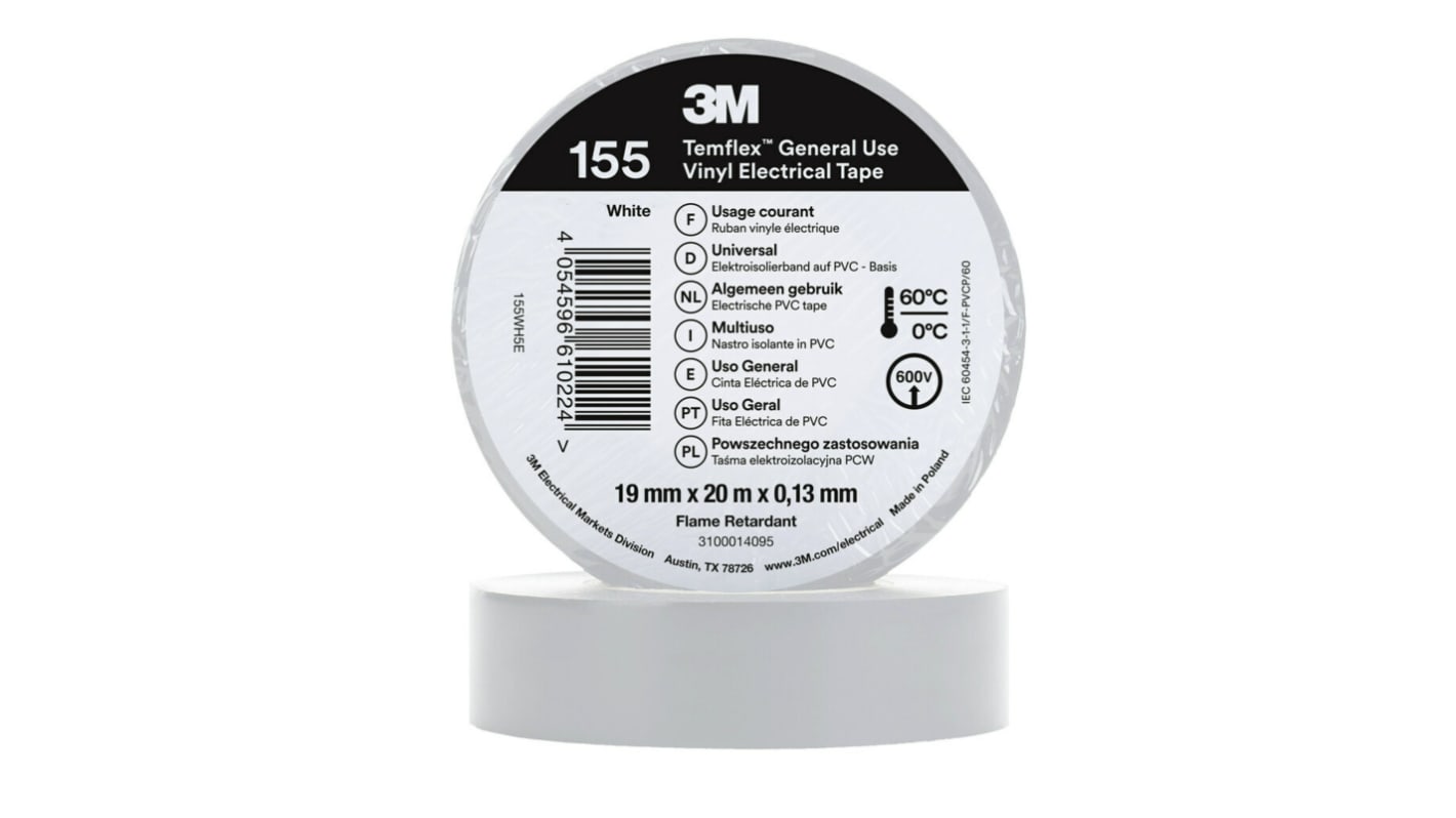 3M Temflex 155 White Vinyl Electrical Tape, 19mm x 20m