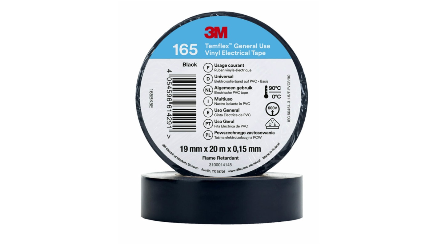 3M Temflex Black Vinyl Electrical Tape, 19mm x 20m