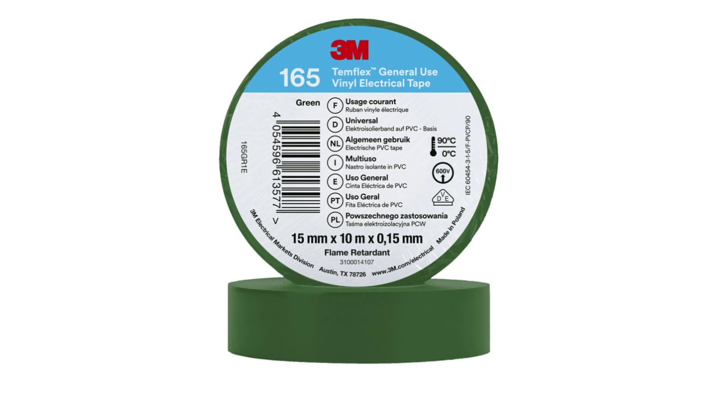 3M 165 green 15mm x 10m 3M Temflex Green Vinyl Electrical Tape, 15mm x 10m RS