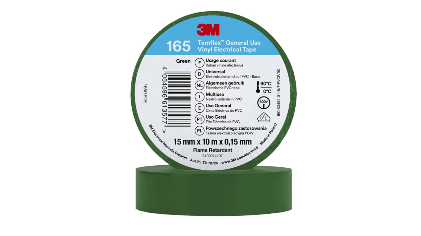 3M Temflex Green Vinyl Electrical Tape, 15mm x 10m