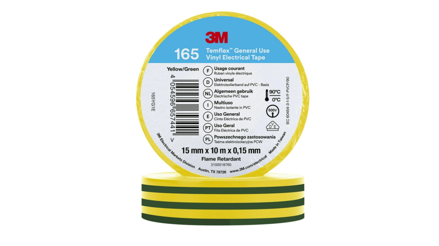 3M Temflex 165 Green, Yellow PVC Electrical Tape, 15mm x 10m