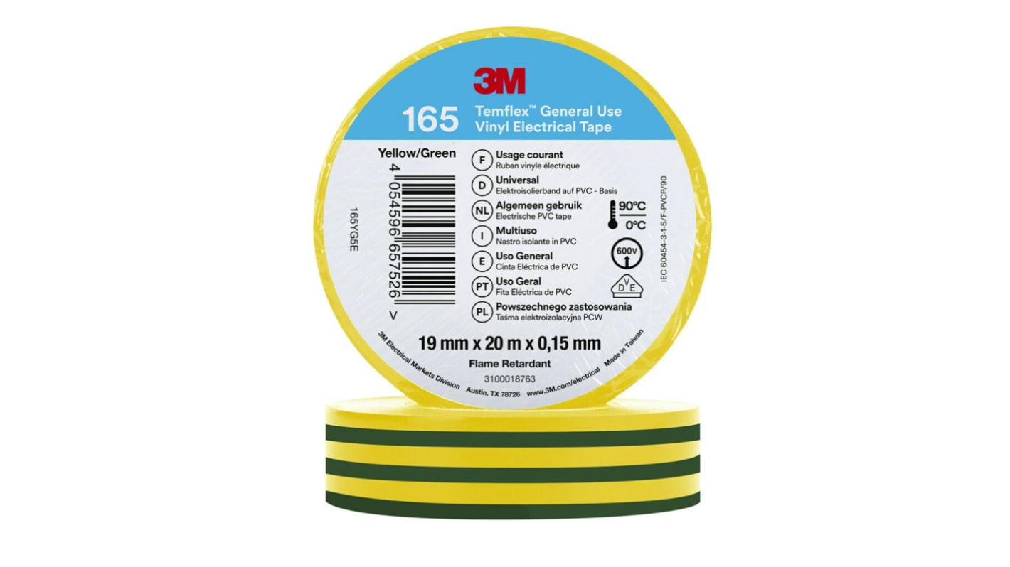 3M Temflex Green, Yellow Vinyl Electrical Tape, 19mm x 20m