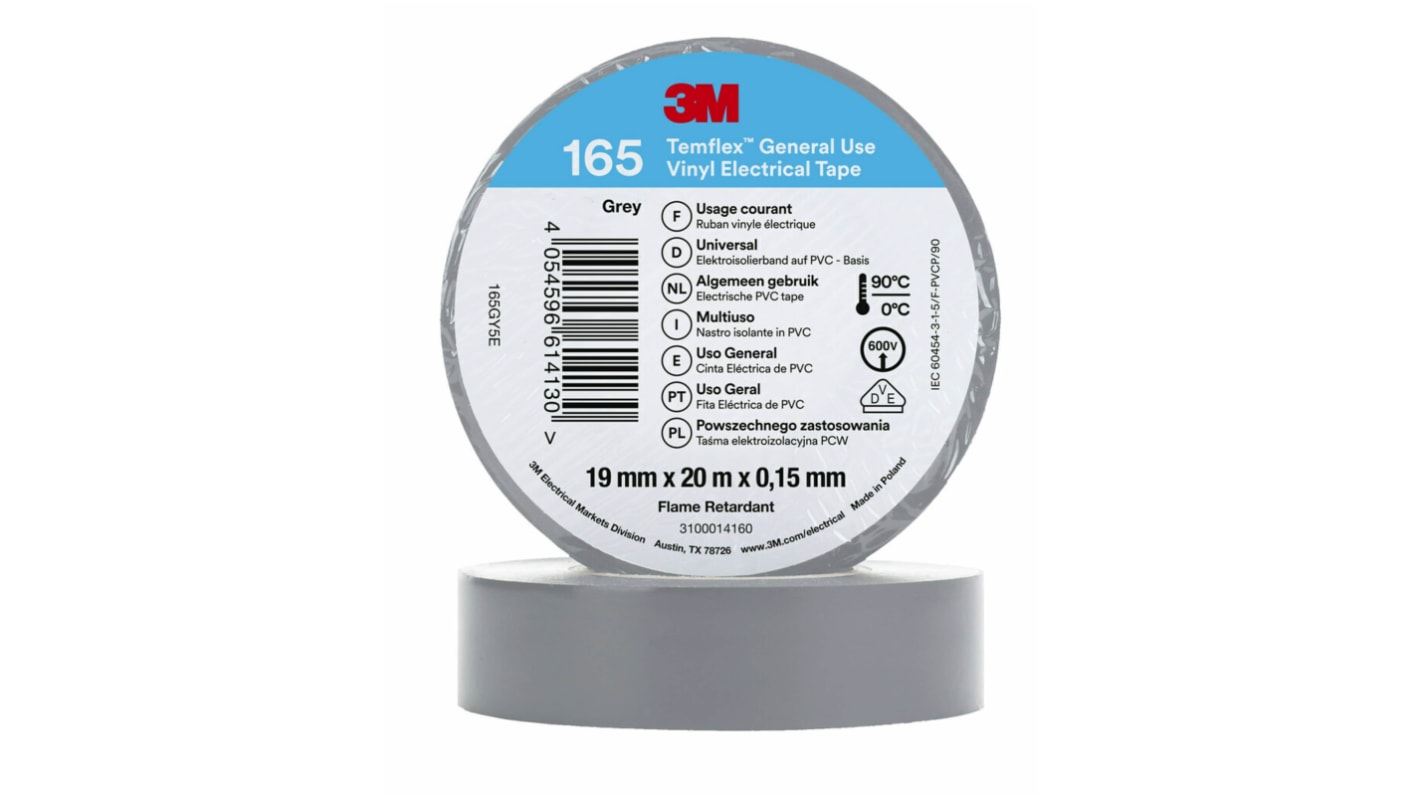 3M Temflex 165 Grey Vinyl Electrical Tape, 19mm x 20m