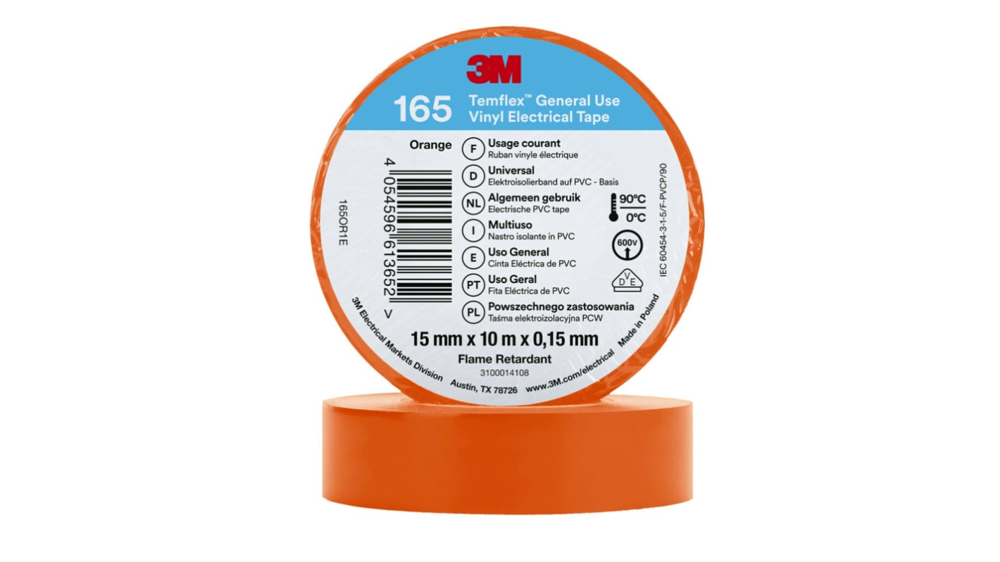 Ruban isolant 3M Temflex 165 en Vinyle Orange 10m x 15mm x 0.152mm