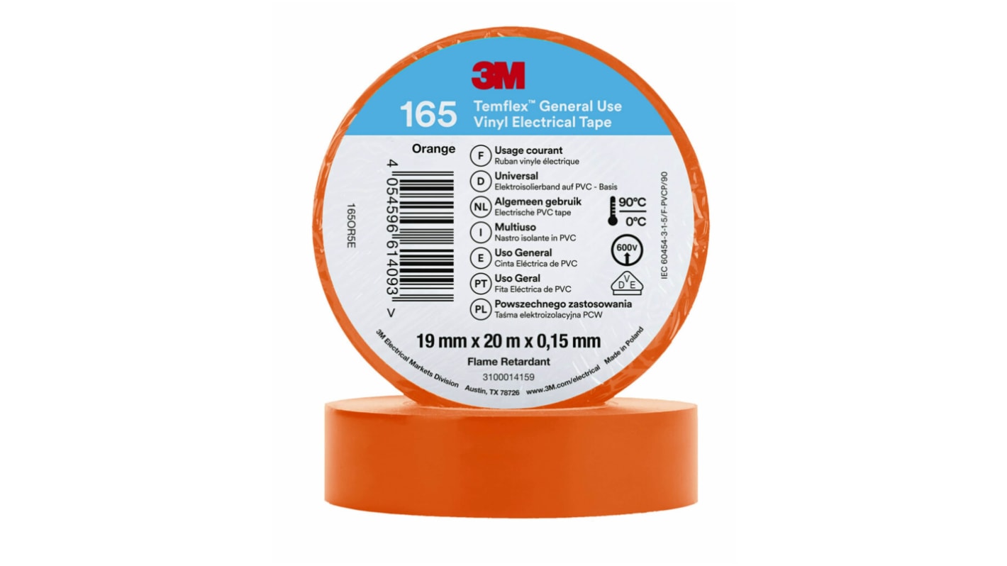 3M Temflex 155 Isolierband, Vinyl Orange, 0.152mm x 19mm x 20m bis +90°C