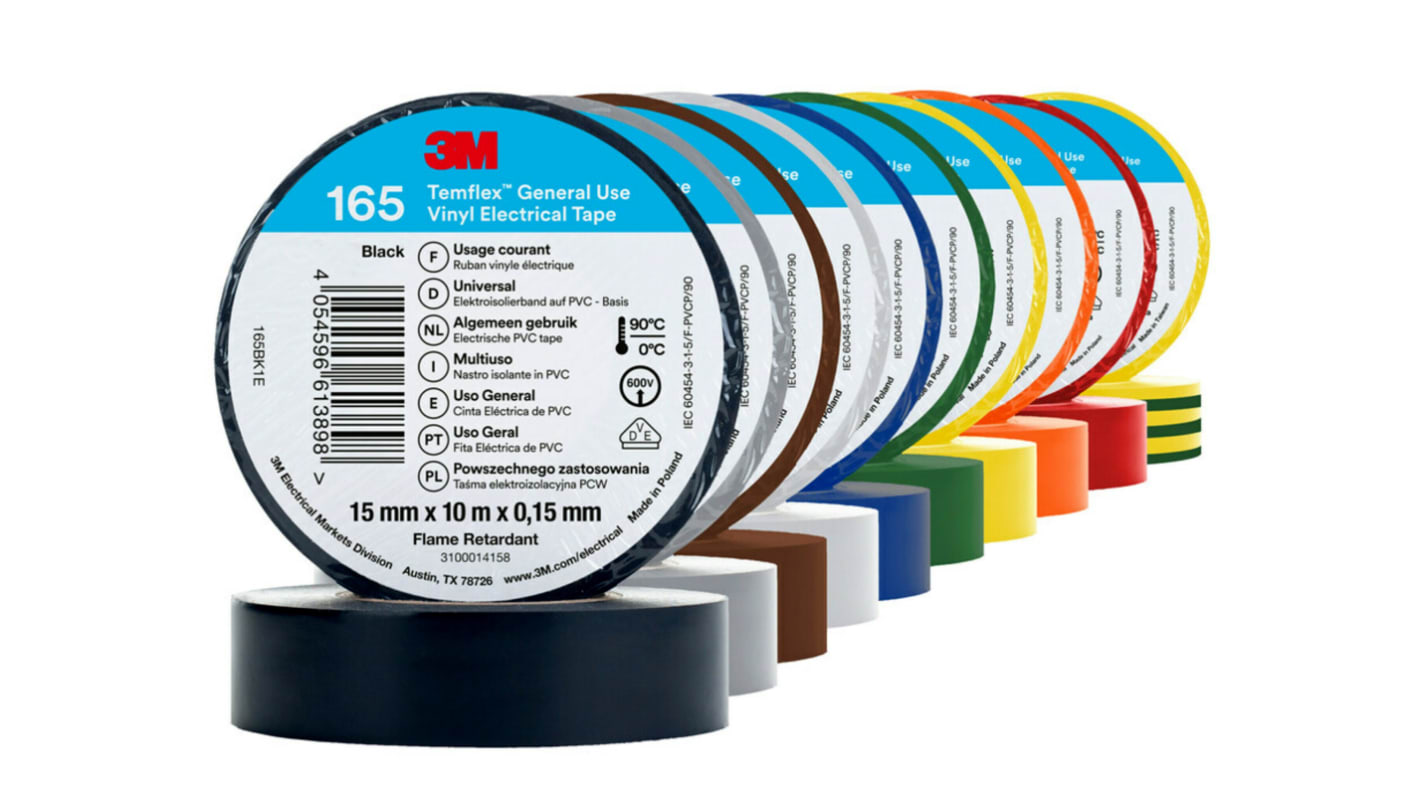 3M Temflex 165 Isolierband, Vinyl, verschiedene Farben, 0.152mm x 15mm x 10m bis +90°C
